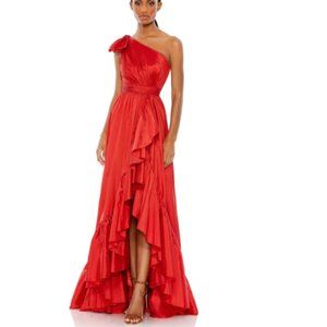 Mac Duggal BOW ONE SHOULDER RUFFLE ASYMMETRICAL HEM GOWN